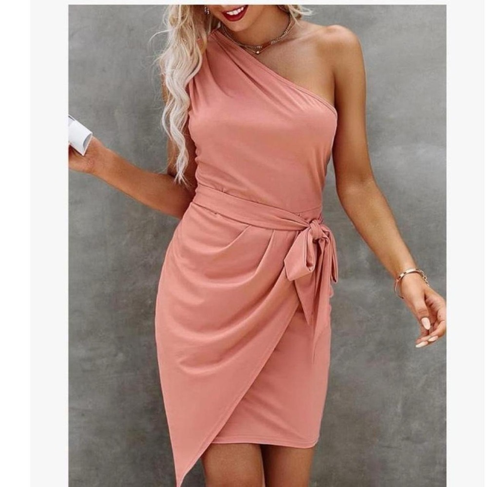 PRETTYGARDEN Women's Summer One Shoulder Mini Short Dress Irregular Hem - Picture 5 of 7